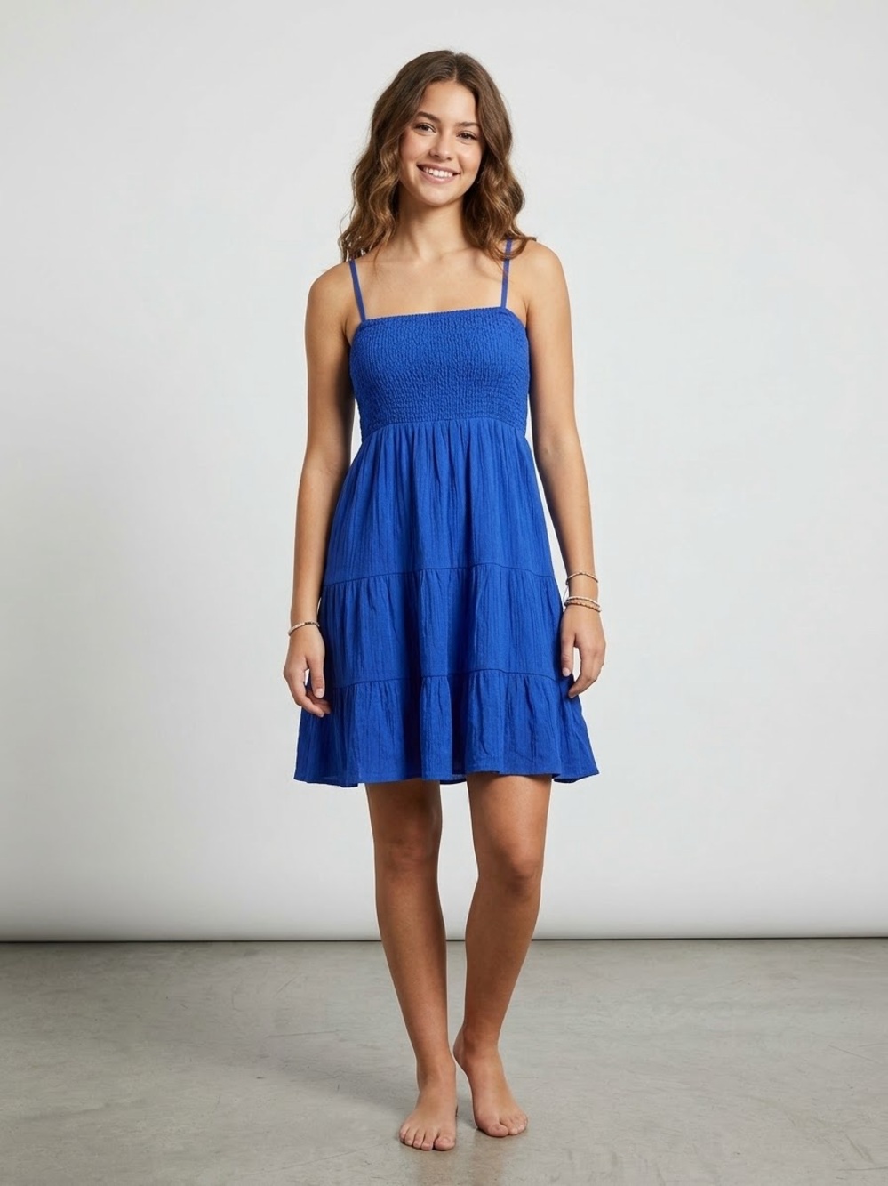 mittoshop Cobalt Blue Smocked Tiered Spaghetti Strap Mini Dress Women’s Size M